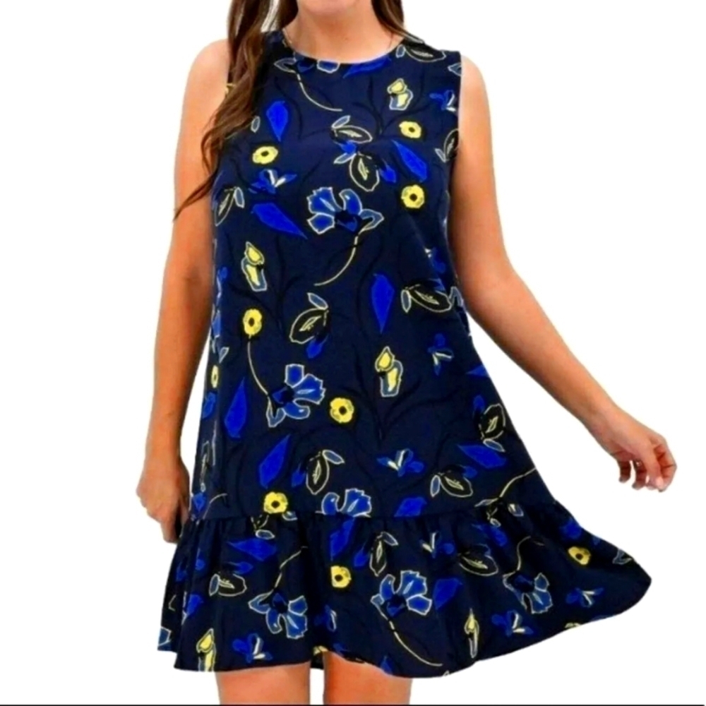 Nordstroom HALOGEN Blue Yellow Floral Sleeveless Ruffle Hem Dress Size S Small